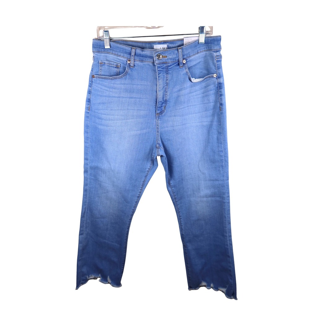 LOFT The Kick Crop High Rise Jeans Blue Distressed Raw Hem Size 32 NWT
